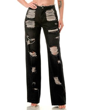 SALT Ripped Jeans With Pearls Embellished - Black