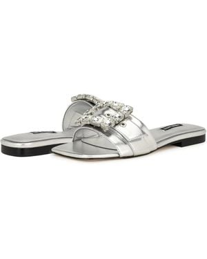 Nine West Matter Sandals Metallic Slip On Square Toe Htat729 - White