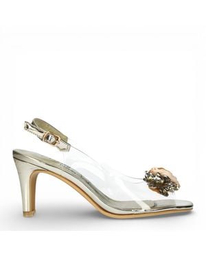 Laura Vita Mira 05 Clear Golden Slip-On Cinderella Tapered Pump Heel Ankle Strap Sandals - Metallic