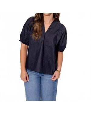 Thml Split Neck Suede Ruffle Denim Top - Blue