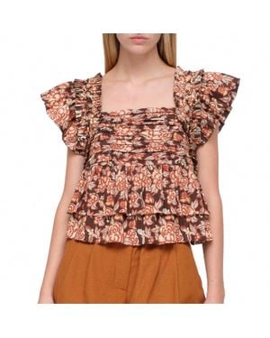 Sea Emelia Print Flutter Sleeve Top - Brown