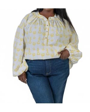 De Loreta Kaia Trigo Amarillo Print Long Sleeve Blouse - Blue