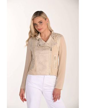 FRANK LYMAN Serena Snake Print Mixed Media Moto Jacket - Natural