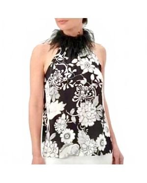 Trina Turk Sleeveless Floral Blouse With Feathers - Black