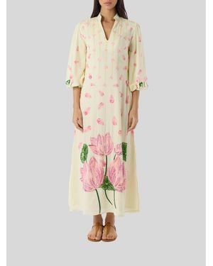 VERANDAH Hand Beaded Blooming Lotus Midi Dress - Natural
