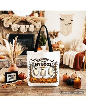 OrnamentallyYou Cute Ghost Halloween Tote Bag Spooky Season Fall Gift Shopper - Brown