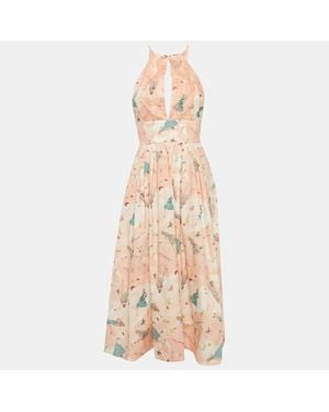 Elisabetta Franchi Printed Cotton Lace Inserts Midi Dress - Natural