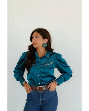Howdy Hanny Arrowpoint Satin Western Blouse - Blue