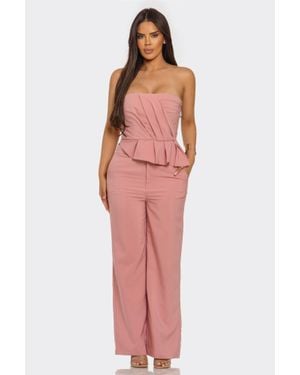 TRUEDAMES Strapless Asymmetric Pleated Top With Wide-Leg Pants Set - Red