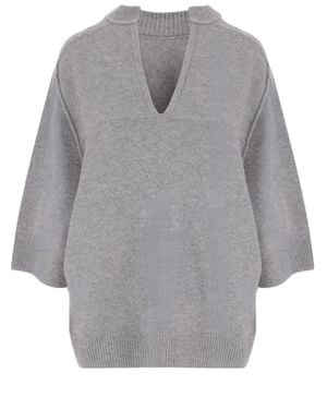 Carven Deep V-Neck Ribbed Cashmere Sweater - Gray