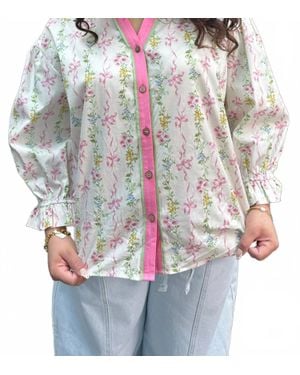 Easel Ribbon Coquette Floral Ruffle Collar Top - Gray