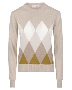Ballantyne Round Neck Classic Diamon Argyle Cashmere Sweater - White