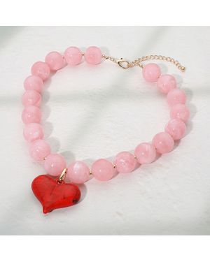 Fashnzfab Chunky Heart Pendant Beaded Necklace 18" + 3" L - Pink