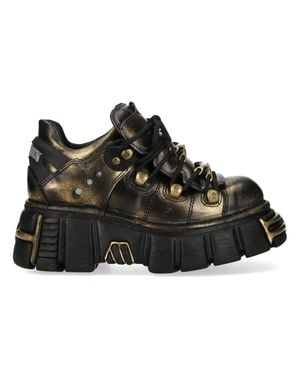New Rock Golden Leather Gothic Platform Ankle Boots - Black