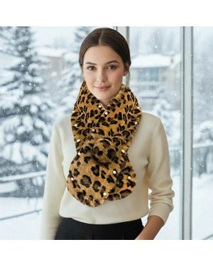 TRUEDAMES Pearl Embellished Leopard Patterned Faux Fur Pom Pom Pull Through Scarf - Blue