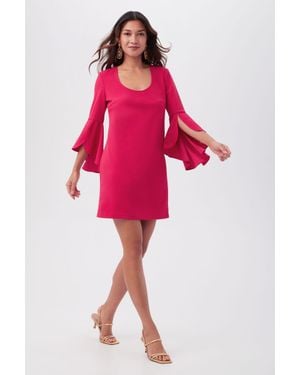 Trina Turk Barbette U-Neck Crepe Knit Cocktail Dress With Bell Sleeves - Red