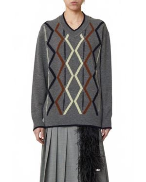 Plan C Argyle Cashmere V-Neck Sweater - Gray