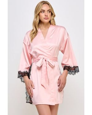 TRUEDAMES Luxury Satin Wrap Robe With Lace Accents - Pink