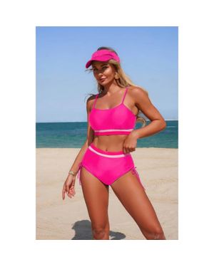TRUEDAMES Two Piece Solid Contrast Tie Up Stretch Bikini - Pink