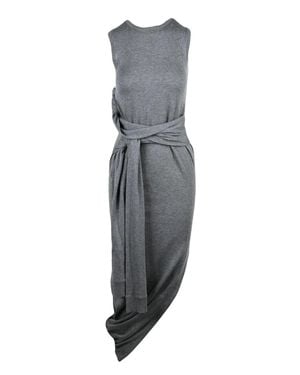 JW Anderson Long Knit Dress With Asymmetrical Hemline And Sculptural Belt - Gray