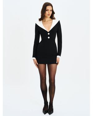 Miss Circle Heather Collared Decorative Button-Front Mini Dress - Black