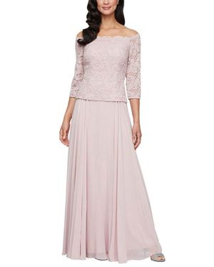TRUEDAMES Scallop Off-Shoulder Neckline Quarter Sleeves Flowy Bodice A-Line Skirt Gown Dress - Pink