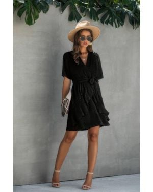 TRUEDAMES V Neck Ruffled Hem Wrap Dress - Black
