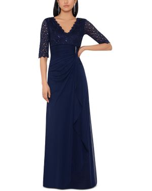 B & A by Betsy and Adam Lace-Trim V-Neck Evening Dress - Blue