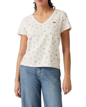 Levi's T-Shirt Ivory Ditsy Floral Cotton Short Sleeve V-Neck Pall613 - White