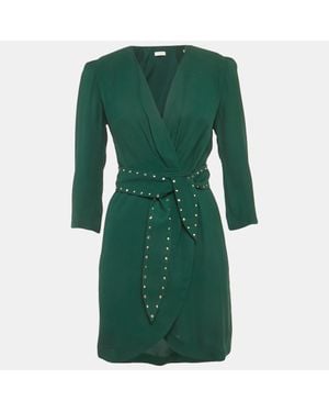 Sandro Crepe Embellished Trim Wrap Around Mini Dress - Green