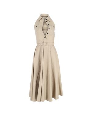 Self-Portrait Belted Buttoned Midi Flared Dress - Natural