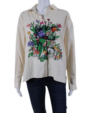 Mii Cotton Floral Hand Embroidered Button Down Shirt - Gray