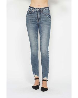 TRUEDAMES Full Size Tummy Control Vintage Wash Hem Destroy Skinny Jeans - Blue