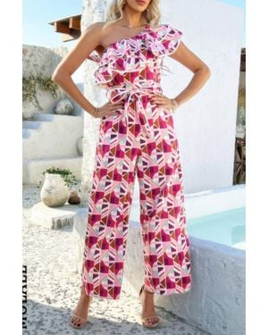 TRUEDAMES Allover Print One Shoulder Ruffle Belt Jumpsuit - Red