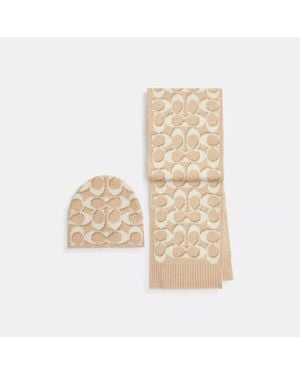 COACH Signature Metallic Beanie And Muffler Gift Set - Natural
