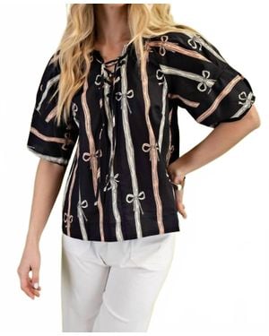 Gigio Bow Print Front Tie Top - Black