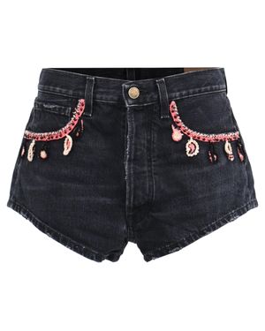 Alanui Inner Energy Crochet Knit Denim Hot Shorts - Blue