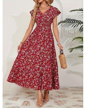 TRUEDAMES Printed French Dress Floral Dress - Red