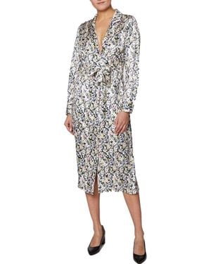 Laundry by Shelli Segal Collared Long Sleeve Tie Waist Floral Print Satin Dress - Multicolor