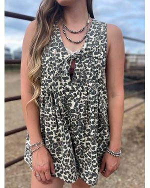 Veveret Leopard Denim Romper - Multicolor