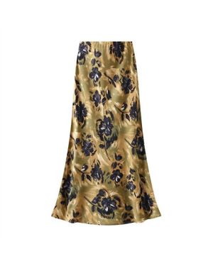 Miss Sparkling Satin Floral Print Skirt - Green