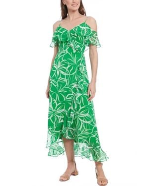 London Times Floral Print Cold Shoulder Hi-Lo Maxi Dress - Green
