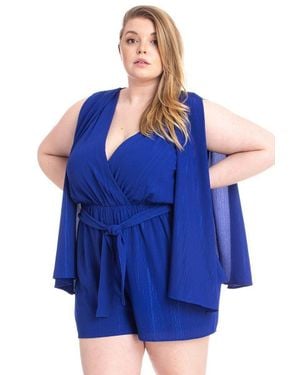 TRUEDAMES Shimmer Fabric Draped Open Sleeve Romper - Blue
