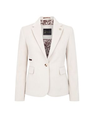 Oliver Tweed Infinity Leather Cream Tailored Fit Wool Blend Tweed Blazer - White