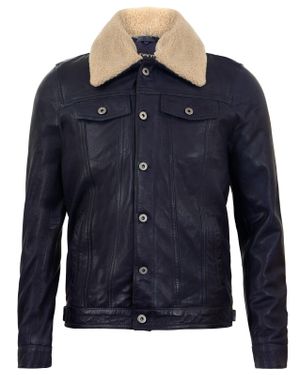 Infinity Leather Removable Collar Leather Trucker Jacket-Zagreb - Blue