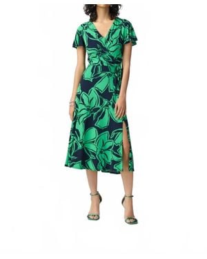 Joseph Ribkoff Floral Print Faux Wrap Flowy Midi Dress - Green