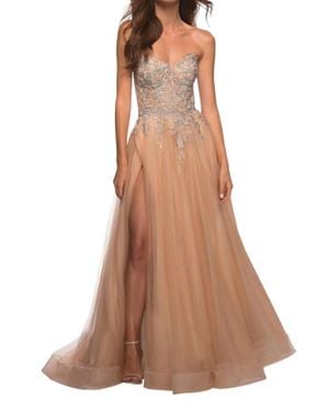 La Femme Stunning Strapless Tulle And Lace Prom Dress - Brown