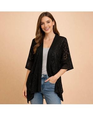 TRUEDAMES Open Front Floral Lace Crochet Kimono Cardogan - Black