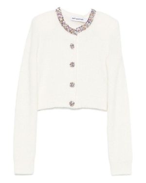Self-Portrait Cropped Sweater With Jeweled Embellishments - White