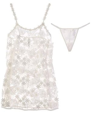 Flora Nikrooz 2Pc All-Over Lace Chemise & Thong Set - Natural